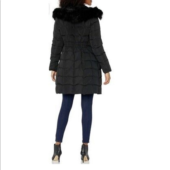 Calvin Klein Down Quilted Faux Fur Trim Black Hooded Puffer Coat - Picture 2 of 12